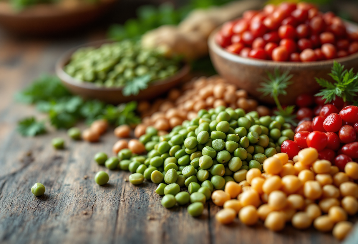 Varietà di legumi freschi e colorati su un tavolo