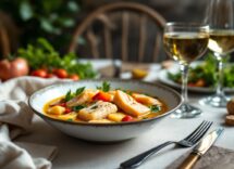 Piatto di cacciucco con pesce fresco e pomodoro