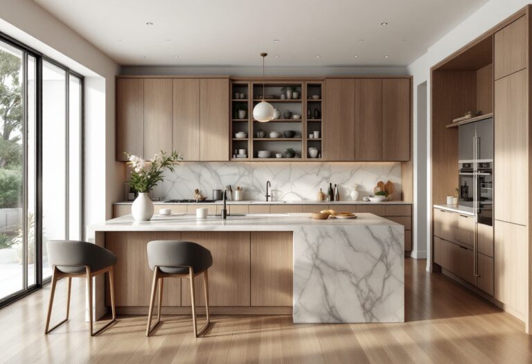 Cucina moderna con isola e penisola in legno