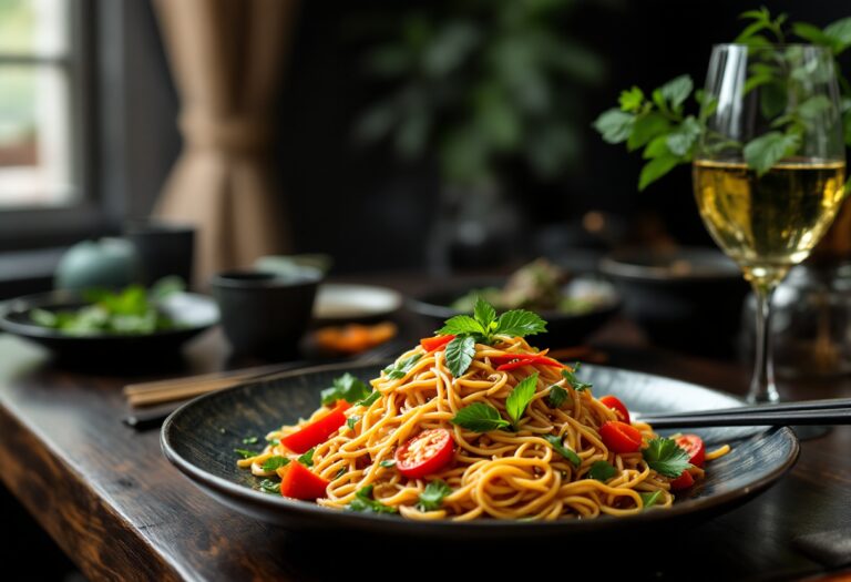 Un piatto di Pad Thai con gamberi e verdure fresche