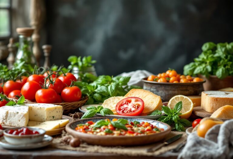Un assortimento di piatti tipici italiani e ingredienti freschi