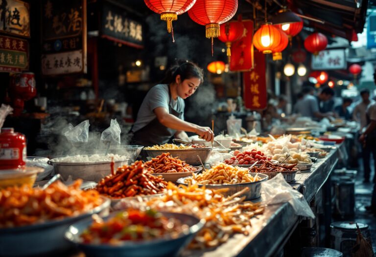 Scorcio di Chinatown a Bangkok con luci e cibo