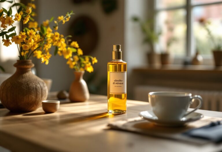 Oleolito di mimosa in un flacone con fiori di mimosa