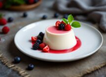 Panna cotta decorata con frutti di bosco e salsa al caramello