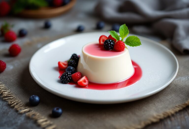 Panna cotta decorata con frutti di bosco e salsa al caramello