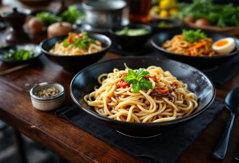Pasta giapponese preparata con ingredienti freschi
