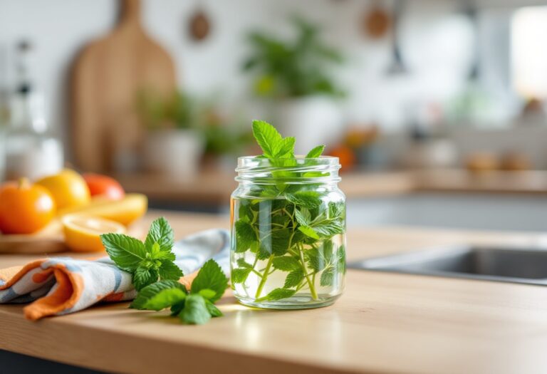 Immagine di menta fresca e aceto per pulizie ecologiche