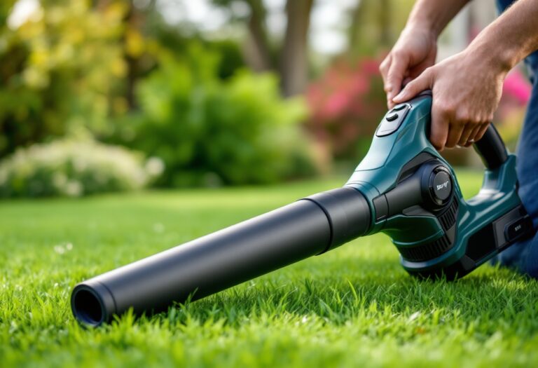 Soffiatore Bravolu 21V in azione nel giardino