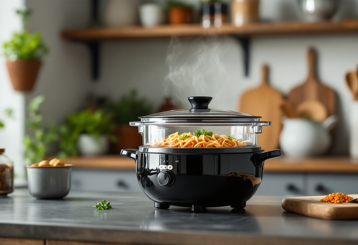 Vaporiera per alimenti in uso con verdure fresche