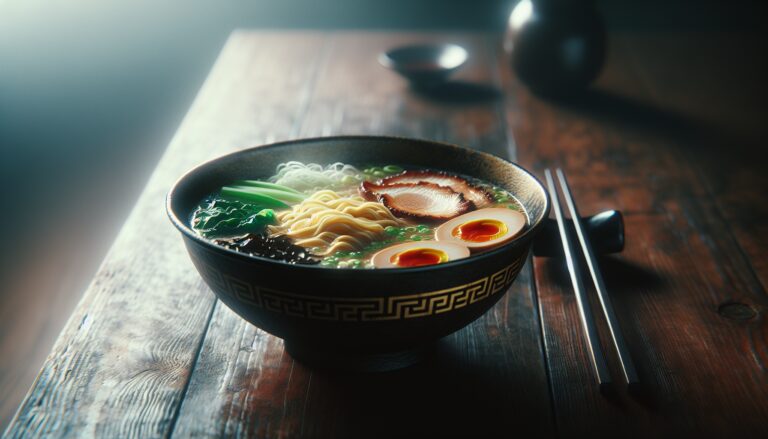 Ciotola di ramen con brodo, noodles e ingredienti freschi