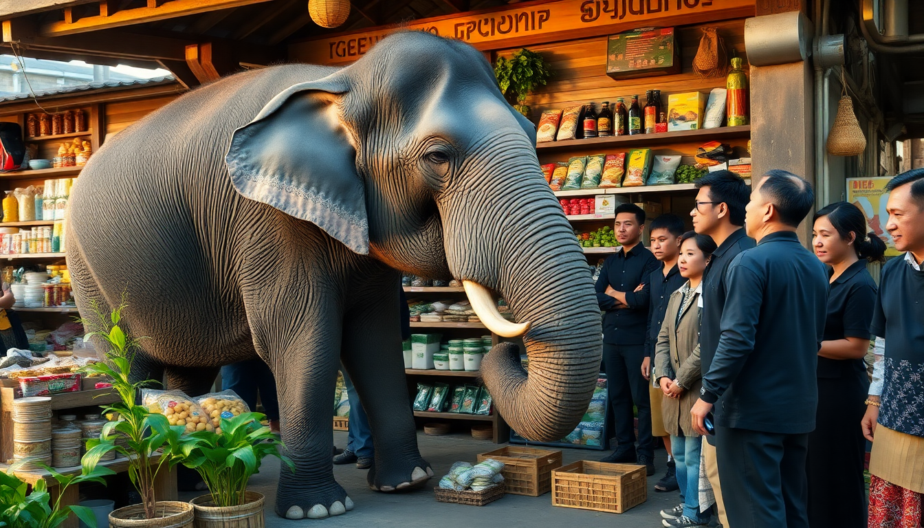 un incontro straordinario tra un elefante e un negozio di alimentari 1749222031